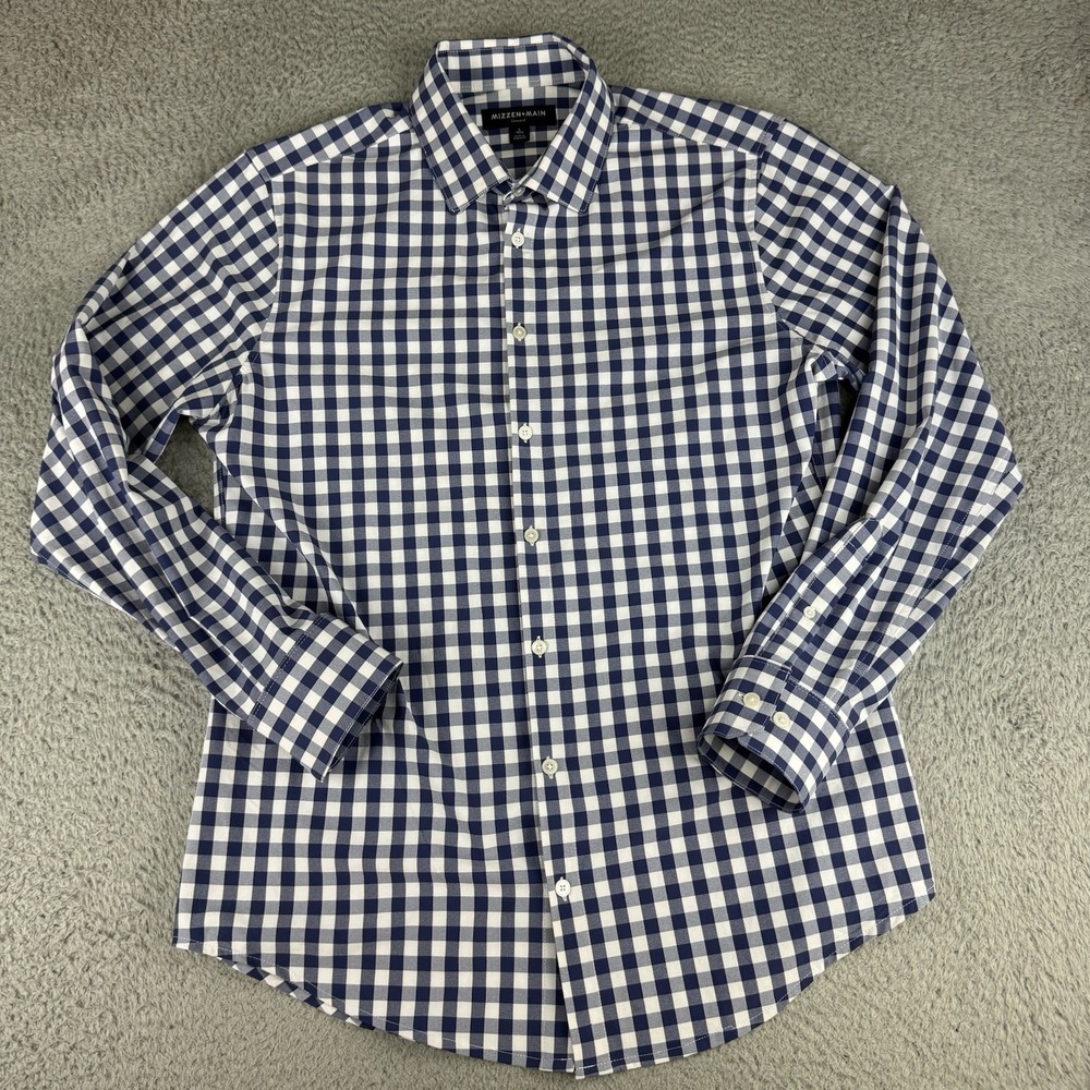 Mizzen & Main Leeward Long Sleeve Button Up Shirt Blue Checker Logo Large